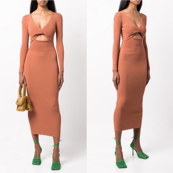 NWT A.L.C. Women's Midi Dress XL Orange Ribbed Knit V-Neck Long Sleeve Cutout - Picture 2 of 9